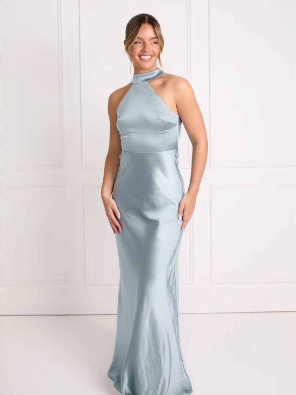 SIX STORIES GIGI 
Halter Neck Satin Dress - Dusty Blue